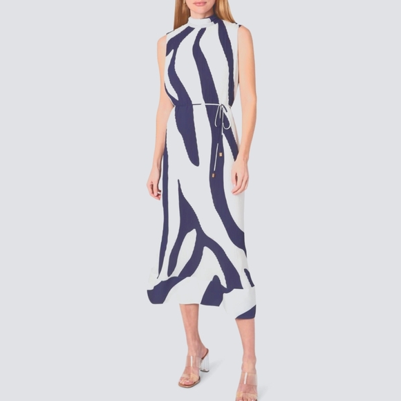 Milly Dresses & Skirts - NWT Milly "Melina" zebra print white and navy pleated midi dress high neck
